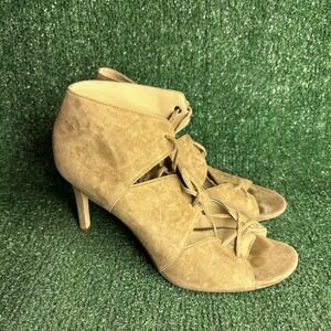Via Spiga Suede Lace Up Open Toe Stiletto Sandal Bootie Tan Brown Womens Sz 10M